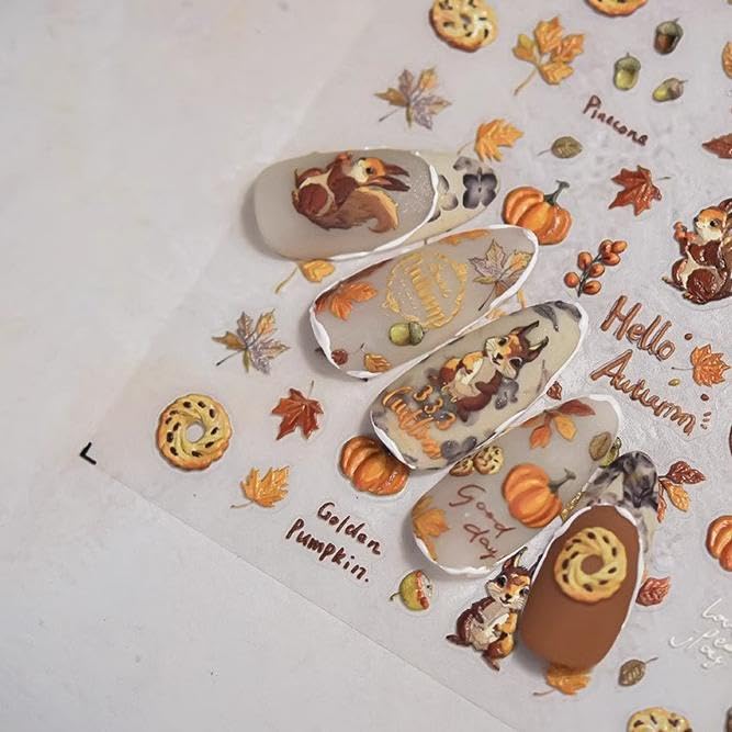 Fall Nail Art Stickers 5D Embossed Leaves Nail Sticker Autumn Squirrel Pine Cones Fallen Leaves Design Nail Decals Maple Leaf Manicure Stickers Accessories for Women DIY Nail Art Decorations - style: Squirrel Pine Cones