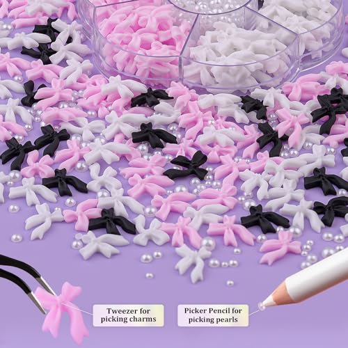 1 Box 3D Bow Nail Charms and Flatback Pearls Set 11, 120 Pcs Pink White Black Cute Bow Charms for Nail Design + 2-4mm White Nail Pearls with Pickup Tweezer and Pencil for Nail Art Decoration - color: Style C - Pink White Black