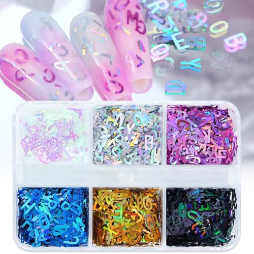 Holographic Letter Number Glitter Flakes Alphabet Nail Sequins 6 Grids - color: Style05