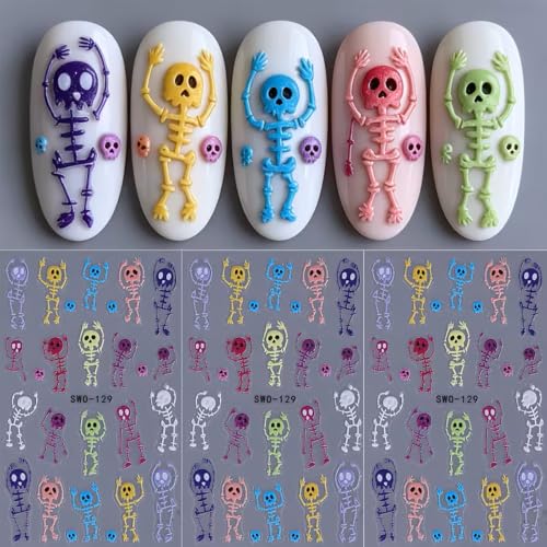 Halloween Nail Art Stickers Skull Nail Art Decals 3 Sheets Colorful Skeleton Bones Skeleton Self-Adhesive Stickers 5D Embossed Skull Nail Decals for Women Halloween Nail Supplies Nail Decorations - color: Halloween Style1