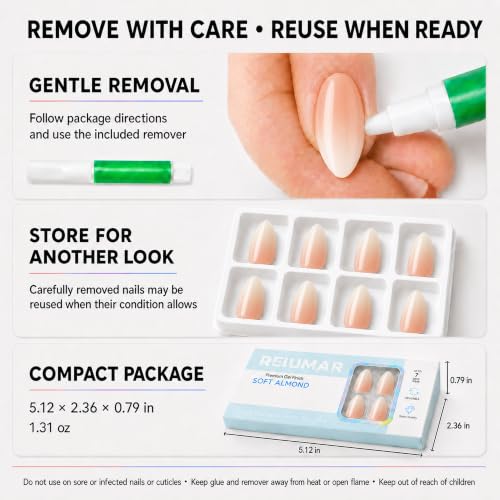 Nude Peach Ombre Almond Press On Nails, 32-Piece Reusable Kit with Glue - color: Nude Peach Ombre - Almond