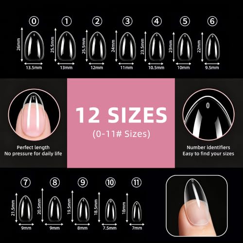 Medium Almond Nail Tips 504 Pcs 12 Sizes, Pre-Etched Soft Gel Full Cover Nail Stickers, Transparent Press on Fake Nails for Home DIY, Nail Salons, Nail Art & Extension, Long Lasting Clear False Nails - size: Medium Almond
