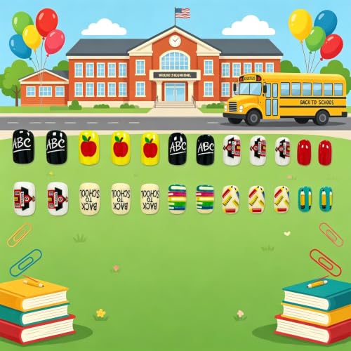 Press on Nails Back To School Pencil Ruler Book Short Square Fake Nails - color: Red apple