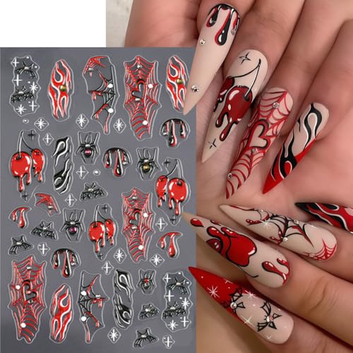 4Sheets Spider Nail Stickers Halloween Nail Decals 3D Self-Adhesive Spider Web Nail Art Stickers with Shiny White Rhinestones Design Goth Halloween Holiday Nails Supply for Women Manicure DIY - color: Halloween09