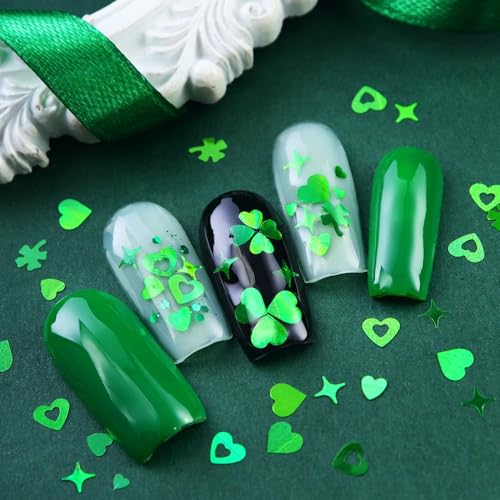 1 Box Holographic St. Patrick's Day Nail Glitter Shamrock Clover Nail Sequins 3D Green Nail Flakes Sparkly Powder Flakes Shiny Nail Glitter Hearts Star Nail Sequins Glitter for Nails Art 12 Grids - color: Color 49