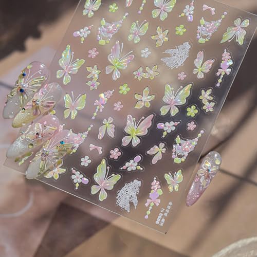 1 Sheet Colorful Butterfly Nail Art Stickers Decals Pink Green Butterfly 5D Embossed Nail Decals Shell Light Butterflies Nail Designs Laser Butterfly Manicure Accessories for DIY Nail Supplies Decor - style: holographic butterfly