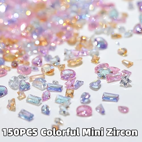 150pcs Colorful Zircon Mini Nail Rhinestones Clear Rhinestones for Nails Design 3D Heart Star Nail Charms and Gems Shiny Zircon Diamonds Nail Accessories Luxury Crystal Jewel for Women Nail Supplies - color: pink