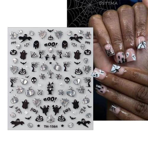 6 Sheets Halloween Nail Art Stickers Self Adhesive Horror Goth Nail Decals Bat Spiders Rose Spider Web Skull Ghost Nails Design Supplies Halloween Nails Decoration for Women Manicure Accessories - style: spider web bat
