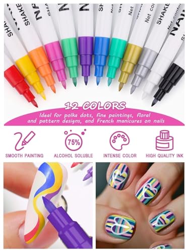 12 Color 0.7MM Nail Art Pens Set, Kalolary 3D Nail Polish Pens - color: 12 Color 0.7MM
