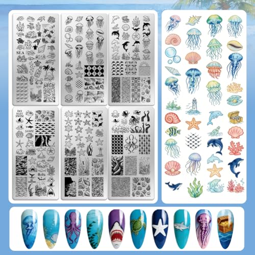 6 Sheets Nail Stamping Plate Nautical Sea Nail Art Stamp - color: Marine Life Elements