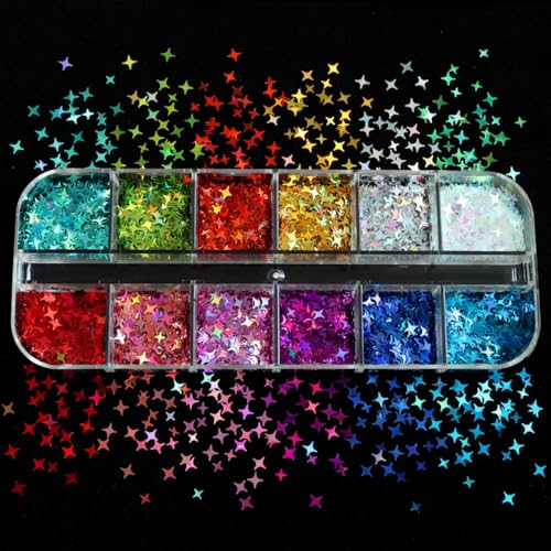 1 Box 12 Color Holographic Star Nail Glitter Silver Gold Nail Sequins 3D Colorful Nail Flakes Sparkly Powder Flakes Shiny Nail Glitter Laser Nail Sequins Glitter for Nails Art 12 Grids - color: Color 33