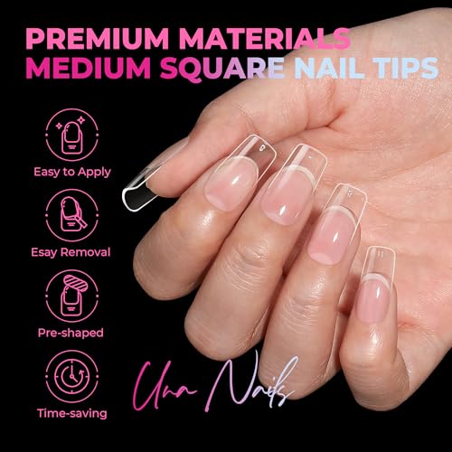 UNA GELLA Square Nail Tips 510Pcs 15 Sizes - No File Needed Pre-Buffed Medium Square Soft Gel Fake Nail Tips Clear Full Cover False Nails Soak Off Acrylic Nail Extensions for DIY Nail Art Salon