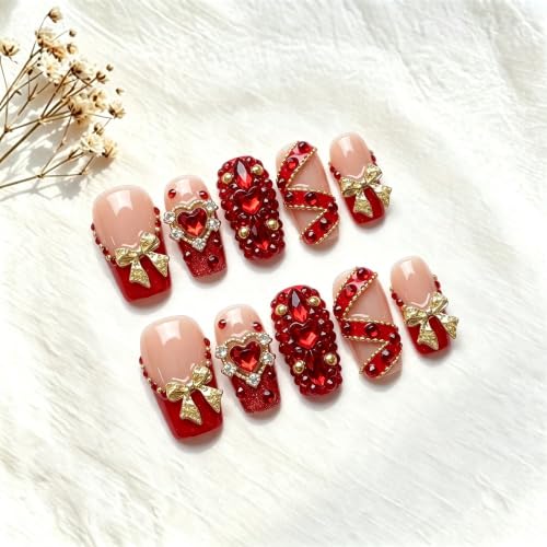 Handmade Press on Nails,Medium Coffin Red Gold Heart Fake Nails - color: style15