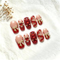 Handmade Press on Nails,Medium Coffin Red Gold Heart Fake Nails - color: style15