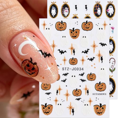 Halloween Ghost Nail Stickers, Pumpkin Bat Gold Frame Nail Decals, 6 Sheets - color: Multicolor-06