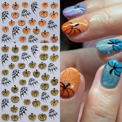 8 Sheets Halloween Pumpkin Nail Stickers 3D Self-Adhesive Spider Web Nail Decals Black Maple Leaf Glitter Pumpkin Nails Design Cute Spider Nail Supplies Manicure Sticker for Women Holiday Decoration - style: spider web