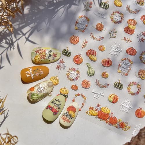 1 Sheet Fall Nail Stickers 5D Embossed Maple Leaves Nail Stickers for Nails Thanksgiving Day Pumpkin Nail Decals Fall Leaf Garland Nails Supplies Autumn Leaves Pumpkin Design Sticker for Women - style: thanksgiving pumpkin