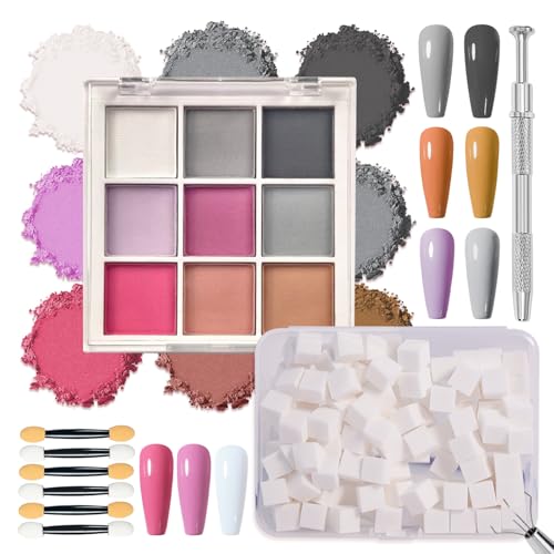 9 Colors Pigment Powder for Nails, Ombre Aura Nail Pigment Powder Palette Set and Nail Art Sponges with Grabbing Pen, Pigmentos para Uñas, A - color: multicolored-A
