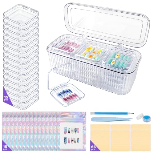 15 Acrylic Press-On Nail Cases,15 Nail Pouches with Cards&Large Storage Box - color: Clear Box