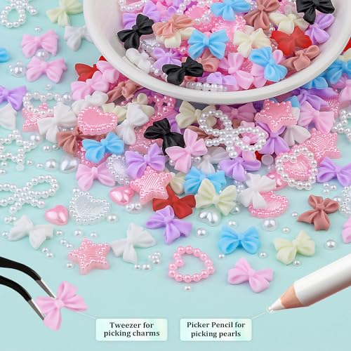 600 Pcs 3D Nail Bow Charms and Flatback Pearls Nail Charms Set 5 - color: Set 5- 8 Colors B Style