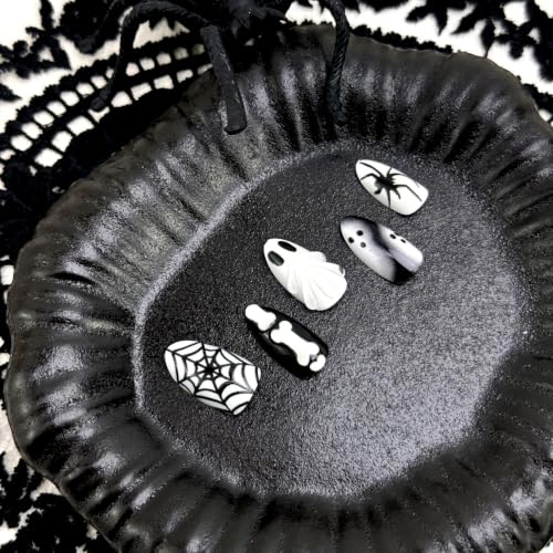 30pcs Halloween Press On Nails Ghost Spider Web Fake Nails Gothic Nail Tips - color: Halloween Press on Nails 15