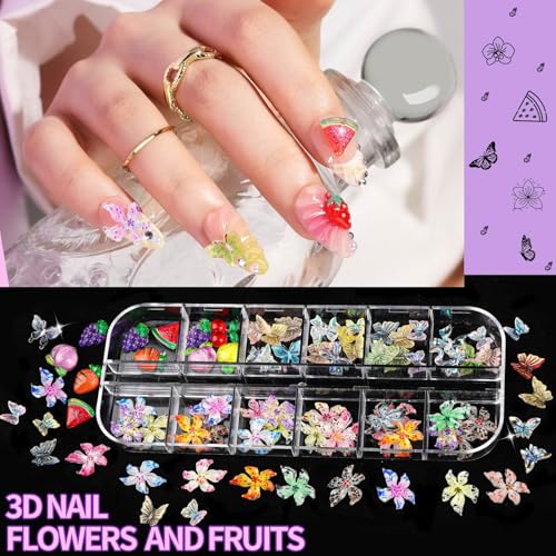 FANDAMEI Nail Charms and Gems, 8 Boxes Nail Art Kit for Design, Multi-Shape Rhinestones for Nails Flat Back Pearls Jewels, 3D Fruit Flower Candy Nail Charms, Gold Nail Studs Jewels - color: Yellow candy/red cherry/purple heart/gold silver pearls