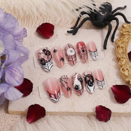 Halloween Gothic Spider Web Press On Nails Medium Almond Fake Nails with 3D Spider & Blood Drip Design French Tip Acrylic False Nails Reusable Goth Halloween Nail Art Kit for Women Party 30Pcs - color: special Halloween-13