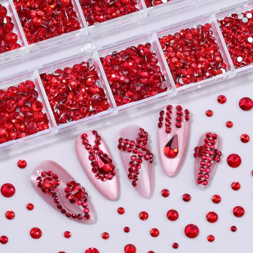3220Pcs Red Glass Nail Rhinestones Flatback Gems Crystal - color: Red