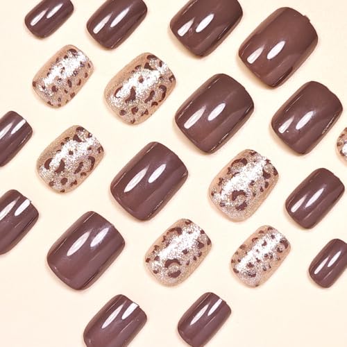Short Square Brown Press on Nails - Leopard Glitter Design - color: Style-06