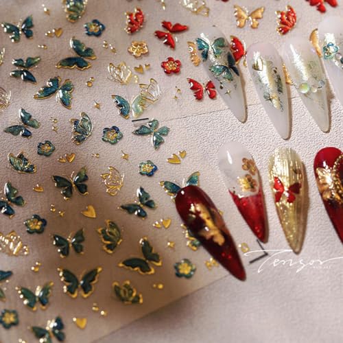 WBRRFJJ 5D Embossed Butterfly Nail Art Stickers, Green Hot Gold Butterflies, Nail Decals, Self Adhesive, Flower Heart Nail Designs, Star Nail Art Supplies, Spring Nail Stickers for Women - style: Butterfly Nail Stickers-4