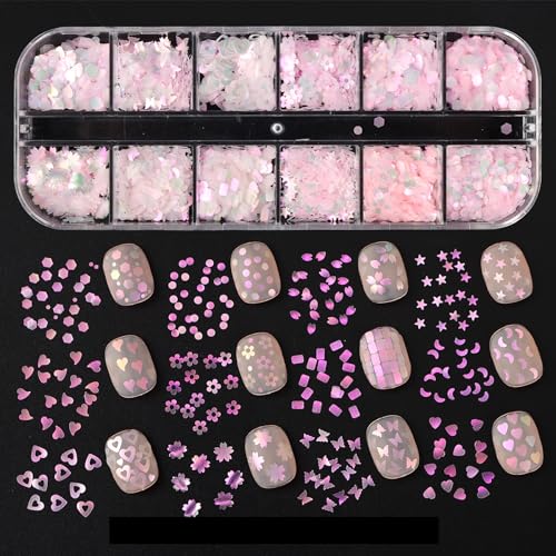 Spring Flower Nail Glitters Pink Glitter Cherry Blossom Heart Nail Sequins Set of 12 Boxes, Elegant Mini Floral Butterfly Nail Decor Accessories 3D Flower Nail Decals Holographic Glitters for Women - color: Cherry Blossom Heart