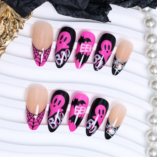 24Pcs Halloween Press on Nails Medium Almond French Tip Fake Nails with Spider Web and Rhinestone Designs Hot Pink Glossy False Nails Bat Ghost Glue on Nails for Women Halloween Acrylic Nails DIY - color: special Halloween-1