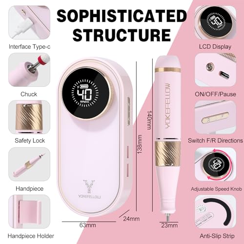 YOKE FELLOW Nail Drill Machine - 40000 RPM Electric Nail File Nail Drills for Acrylic Nails Professional with 12 Drill Bits Manicure Pedicure Polishing Nail Drill for Home Use - color: Pink