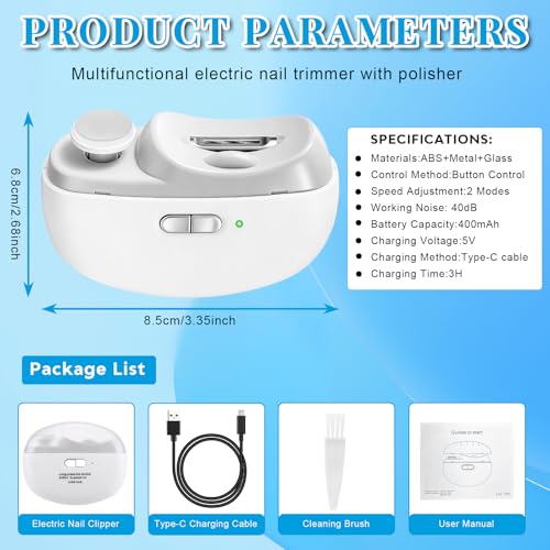 Automatic Electric Nail Clipper for Adults Seniors, 2-Speed Adjustable Smart Auto Nail Clipper Trimmer with Polisher & LED Light, Strong Power USB Rechargeable Toenail Fingernail Nail Cutter White