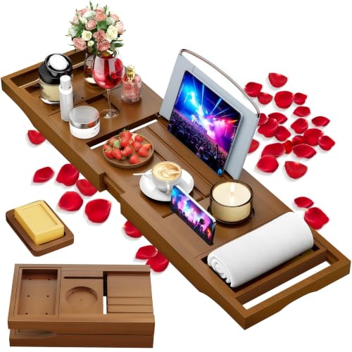 Foldable Bathtub Tray Caddy with Soap Dish Adjustable29.5-43''Walnut - color: Walnut