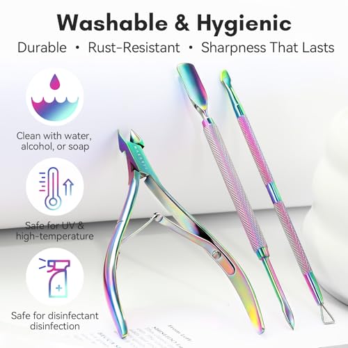 Makartt 3-Pack Rainbow Titanium Cuticle Nipper, Pusher Set - size: Rainbow Titanium-3pcs