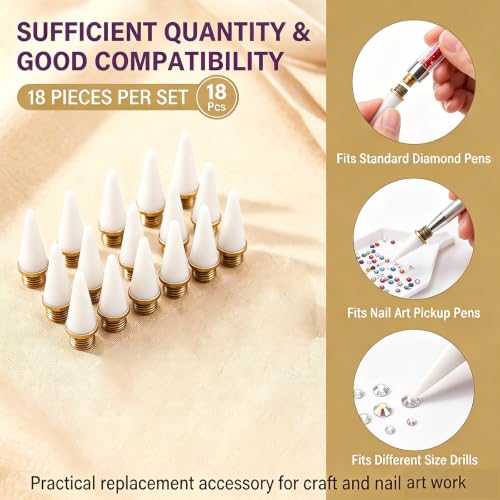 18 Pcs Wax Replacement Head Tips,Nail Rhinestone Picker (White) - color: White