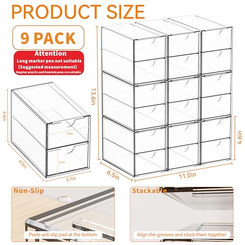 Yieach 9 Pack Small Acrylic Drawers With 18 Drawers,Clear Drawer Organizers Stackable,School,Office Supplies Organizer And Storage Bins for Stationery,Pen,Pencil,Craft,Glasses,Sunglass Organizer Case - size: 18 Drawers-3.4 In Narrow