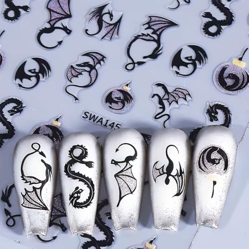 Halloween Black Bats Nail Art Stickers Bat Wing Nail Art Decals 6 Sheets 3D Self-Adhesive Bats Nail Stickers Black Dragons Dragon Wings Nail Designs for Women Halloween Nail Supplies Decorations - color: Halloween Style8