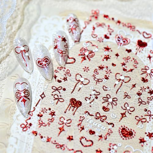 1 Sheet Valentines Nail Stickers for Nail Art Red Heart Nail Stickers 5D Self-Adhesive Embossed Bow Hearts Nail Decals Valentines Day Nail Decorations Star Bow Nail Design Nail Supplies for Women - style: red bow