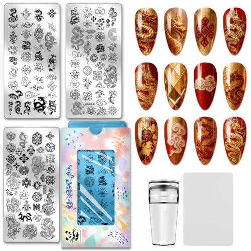 PH PandaHall 3pcs Chinese Dragon Nail Stamping Plate Traditional Patterns Nail Art Templates Vintage Flowers Nails Image Plates Nails Art Stencils for New Year Manicures Salon Design Printing - style: Chinese Dragon