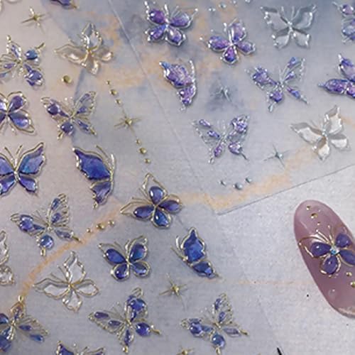 Purple Butterfly 5D Embossed Nail Art Stickers Spring Summer Nail Decals Hot Gold Butterflies Nail Stickers Self Adhesive Glitter Star Nail Design Stickers for Women Spring Summer Nail Art Supplies - style: Butterfly Nail Stickers-6