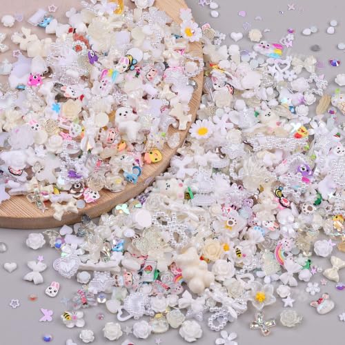 2000Pcs White 3D Nail Charms and Gems Set Random Cute Nail Art Decorations - color: White