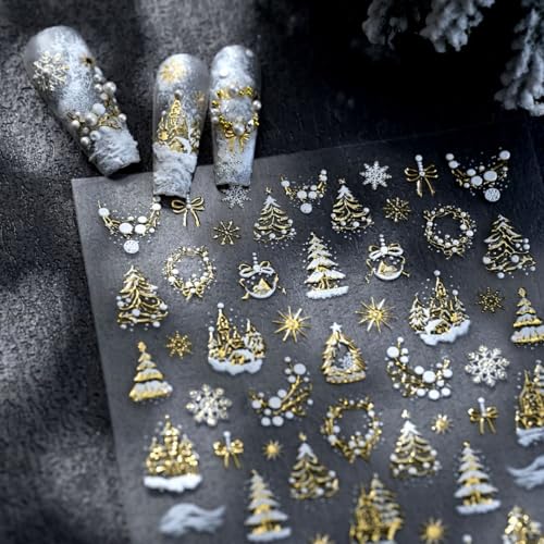 5D Embossed Christmas Nail Art Stickers Self-Adhesive Gold Wreath Xmas Tree Elk Snowflakes Nail Decals for Women Girls Winter Xmas Holiday Manicure DIY Nail Supplies - color: Style-1