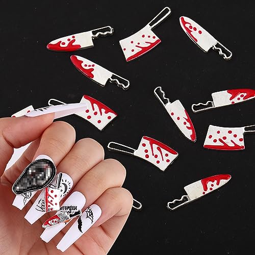 Halloween Bloody Knife Nail Charms Terror Silver Red Gems 3D Metallic Kitchen Supplies Goth Sharp Jewelry for Women Girls Manicure Acrylic Accessories Decoration 12pcs (ROFIBUTB006)