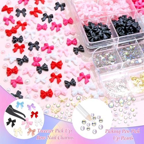 RODAKY 3D Bow Nail Charms and Flatback Pearls Gems Set,Mix Color Bows Charms for Nail Art Designs,Kawaii Bowknot 3D Cute Nail Charm,Pink White Half Pearls for Nail Jewelry DIY Crafts Nail Art Decor - color: Set 09 - 2 Boxes Nail Art Decos