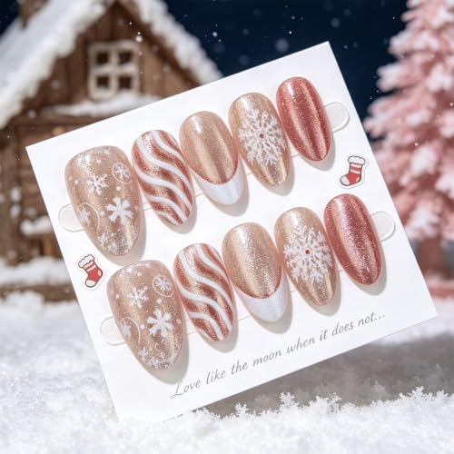 30Pcs Winter Christmas Press on Nails Short Almond Snowflake Fake Nails - color: Winter Christmas Nails-24