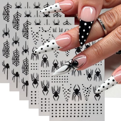 Halloween Nail Art Sticker Decal Spider Web Nail Stickers 6 PCS 3D Shelf-Adhesive Black Spider Web French Nails Design Polka Dot Nail Supplies Accessories for Women DIY Halloween Manicure Decoration - color: Polka Dot Spider