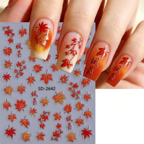 6Sheets Fall Nail Stickers Red&Gold Maple Leaf Design - color: Red & Gold
