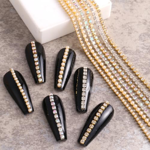 SUTOKAKA 6 Strips Rhinestone Pearl Alloy Nail Chain Charms - color: Gold Silver Rhinestone Pearl Chains
